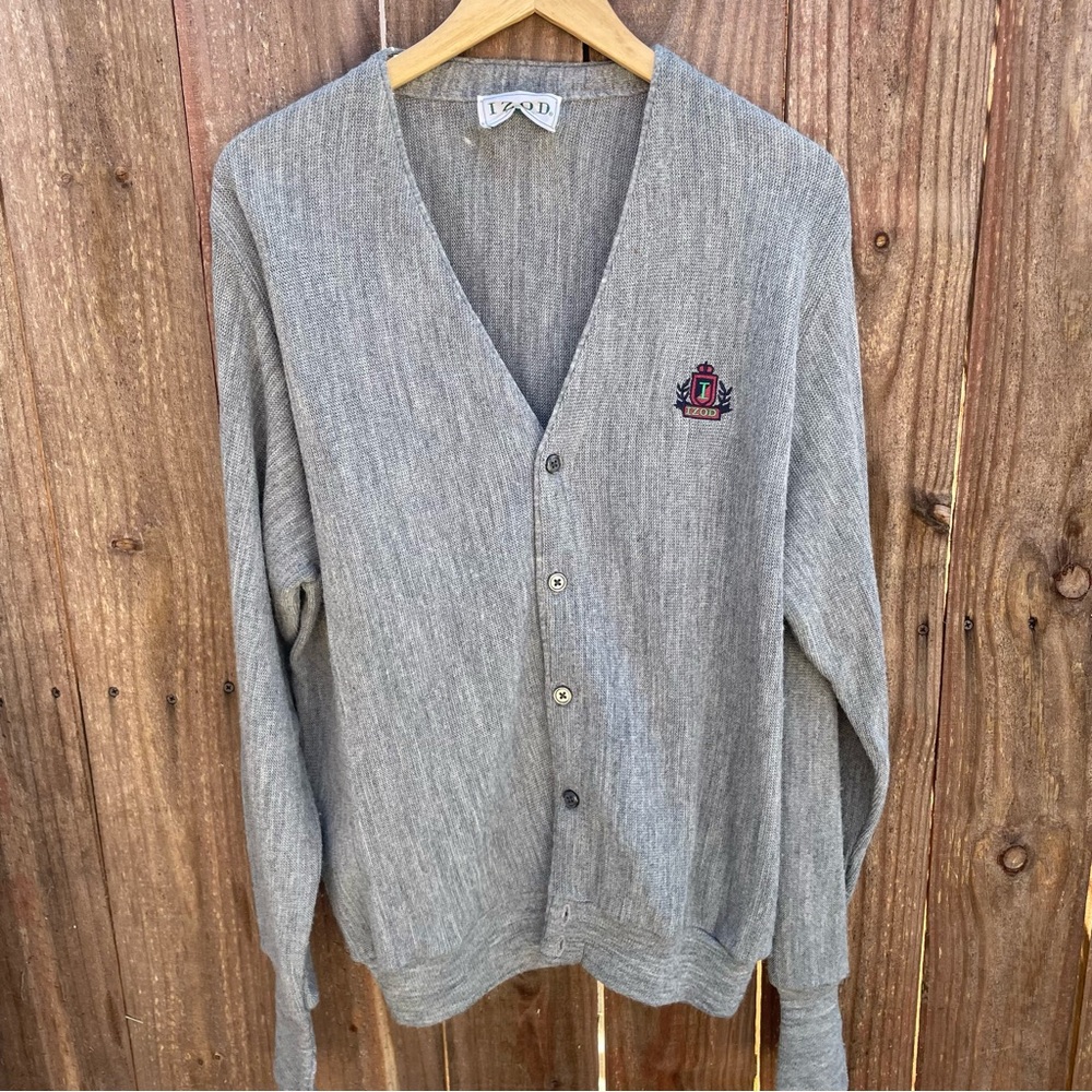 Vintage Izod Cardigan Mens Large Gray Grey Button Vneck Made in USA 90s